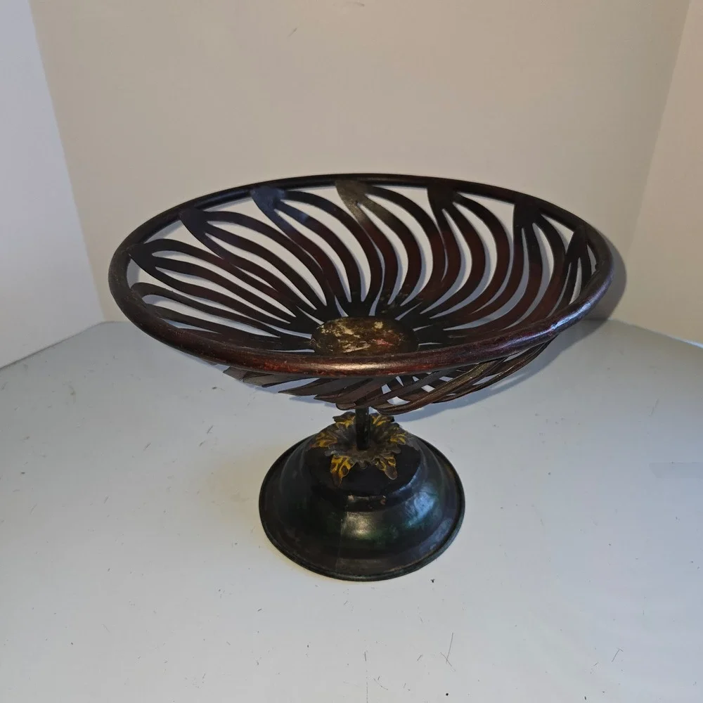 Vintage Pedestal Fruit Bowl Swirl Design Rustic Brown Metal 9 Inch